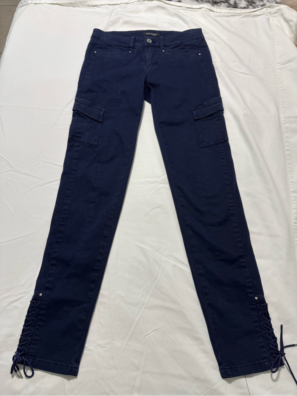 White House Black Market Navy Straight-Leg Cargo Jeans with Lace-Up Hem